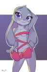  2019 anthro breasts buckteeth disney ears_down female fur gift_wrapped grey_body grey_fur judy_hopps lagomorph leporid mammal navel pink_nose pivoted_ears purple_eyes qrog rabbit smile solo teeth zootopia 