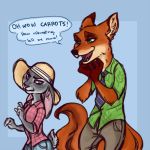  2017 anthro blue_background bottomwear brown_body brown_fur canid canine clothing dialogue disney duo ears_down english_text female fox fur grey_body grey_fur hat headgear headwear judy_hopps lagomorph leporid low_res male mammal necktie nick_wilde pants pivoted_ears rabbit red_fox shirt simple_background speech_bubble text topwear yelnatsdraws zootopia 