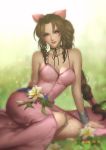  1girl aerith_gainsborough armpit_crease artist_name bangs blue_eyes blush bracelet braid braided_ponytail breasts cleavage collarbone commentary dated day dress drill_hair eyelashes final_fantasy final_fantasy_vii final_fantasy_vii_remake flower grass hair_ribbon heart jewelry large_breasts legs leirix_(leirixart) lips lipstick long_hair looking_at_viewer low-tied_long_hair makeup medium_breasts outdoors parted_bangs parted_lips pink_dress pink_ribbon ribbon side_drill sideboob sitting sleeveless sleeveless_dress smile solo spaghetti_strap symbol_commentary twin_drills 