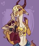  2017 antelope anthro barefoot blonde_hair bovid bracelet brown_body brown_fur canid canine clothed clothing disney duo eyewear female fennec finnick fox fully_clothed fur gazelle gazelle_(zootopia) hair horn inner_ear_fluff jewelry male mammal midriff purple_background shirt simple_background sunglasses topwear tuft yelnatsdraws zootopia 