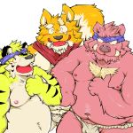  1:1 2014 anthro asian_clothing belly bulge canid canine canis clothing domestic_dog east_asian_clothing eyes_closed felid fundoshi group hi_res humanoid_hands japanese_clothing kemono male mammal moobs navel nipples overweight overweight_male pantherine pink_body scar simple_background suid suina suishou0602 sus_(pig) tiger underwear white_background wild_boar 