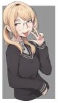  1girl act-age blonde_hair brown_eyes collared_shirt freckles glasses grey_background highres ina_(gokihoihoi) long_sleeves looking_at_viewer low_twintails medium_hair piercing sanzaka_nanao shirt short_twintails simple_background solo tongue tongue_out tongue_piercing twintails upper_body v white_shirt 