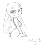  2019 anthro bottomless clothed clothing disney ears_down female fur judy_hopps lagomorph leporid looking_at_viewer mammal monochrome pivoted_ears qrog rabbit simple_background smile solo white_background zootopia 