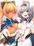  2girls :d apron asymmetrical_docking bangs black_gloves black_hairband blonde_hair blush bow breast_press breasts cleavage cleavage_cutout commentary_request dark_skin detached_collar detached_sleeves elf eyebrows_visible_through_hair gloves green_eyes grey_hair hair_between_eyes hair_bow hair_ornament hairband high_ponytail highres hololive large_breasts long_hair looking_at_viewer medium_hair mikan_(chipstar182) mole mole_on_breast multiple_girls one_eye_closed open_mouth pointy_ears ponytail shiranui_flare shirogane_noel smile upper_teeth v virtual_youtuber waist_apron 
