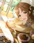  1girl blush brown_eyes brown_hair day eyebrows_visible_through_hair highres ichikawa_hinana idolmaster idolmaster_shiny_colors indoors lens_flare light_rays long_sleeves looking_at_viewer open_mouth plate smile solo sunbeam sunlight table umeume_(totoya) window 