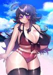  1girl :o absurdres ahoge beach bikini black_bikini blue_sky breasts cloud front-tie_bikini front-tie_top highres huge_breasts long_hair nyarla_(osiimi) osiimi purple_eyes purple_hair sidelocks sky stuffed_toy sunlight swimsuit thick_thighs thighhighs thighs 