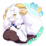  1girl at blue_ribbon blush commentary_request furry horns kishibe long_hair looking original ribbon sheep sheep_girl sheep_horns simple_background solo translation_request upper_body viewer white_background white_hair yellow_eyes 