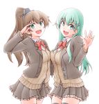  2girls aqua_eyes aqua_hair bangs blazer blue_eyes brown_cardigan brown_hair brown_jacket brown_legwear brown_skirt cardigan collared_shirt commentary_request eyebrows_visible_through_hair hair_ornament hairclip jacket kantai_collection kumano_(kantai_collection) long_hair long_sleeves looking_at_viewer meihemu multiple_girls open_blazer open_clothes open_jacket open_mouth pleated_skirt ponytail remodel_(kantai_collection) school_uniform shirt simple_background skirt smile suzuya_(kantai_collection) thighhighs white_background white_shirt 