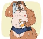  2020 anthro belly brown_body brown_fur bulge canid canine canis clothing domestic_dog fur hi_res humanoid_hands male mammal moobs nipples overweight overweight_male ratontheraccoon simple_background solo underwear wet 