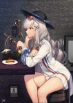  1girl absurdres alcohol animal azur_lane baek_hyang bar_stool black_cat black_headwear blurry bottle breasts cake cat chin_rest cleavage cup depth_of_field drinking_glass dunkerque_(afternoon_aphrodite)_(azur_lane) dunkerque_(azur_lane) eyewear_on_head food hat highres huge_filesize jacket long_hair long_sleeves looking_away medium_breasts miniskirt open_clothes open_jacket parted_lips peaked_cap plate pleated_skirt red_eyes shirt sidelocks silver_hair sitting skirt slice_of_cake solo stool sunglasses thighs white_jacket white_shirt white_skirt 