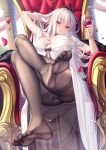  1girl absurdres alcohol arm_behind_head ass bangs bare_shoulders blush breasts cleavage crossed_legs cup dress drinking_glass feet girls_frontline grey_legwear hair_between_eyes hand_in_hair highres kar98k_(girls_frontline) large_breasts legs legs_up licking_lips long_hair looking_at_viewer meion pantyhose petals pink_eyes sitting smile soles solo thighband_pantyhose thighs tiara toes tongue tongue_out white_dress white_hair wine wine_glass 