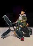 anthro botak breasts clothing dragon female footwear giant_weapon hi_res horn jacket looking_at_viewer ranged_weapon shoes shuriken smiling_at_viewer solo topwear weapon 