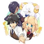  1boy 3girls :3 animal_ears aqua_eyes bird black_hair blonde_hair blue_eyes blue_neckwear blush breasts commentary_request crow dark_skin dog dog_ears dog_girl furry gem glasses hair_ornament hairclip holding_hands horns kishibe long_hair looking_at_another looking_at_viewer multiple_girls necktie open_mouth original sheep_ears sheep_girl sheep_horns short_hair simple_background smile sweatdrop translation_request white_background white_hair wings yellow_eyes 