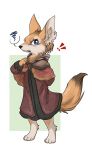  2018 angry anthro barefoot canid canine cheek_tuft clothed clothing dipstick_tail facial_tuft fox fur hi_res inner_ear_fluff looking_at_viewer mammal multicolored_tail orange_body orange_fur simple_background solo standing stellaris thatwildmary tuft 