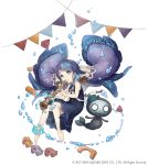  1girl anklet aqua_eyes barefoot building_block dress earrings fins full_body instrument instrument_request jewelry ji_no long_hair looking_at_viewer mermaid monster_girl music nightmare_(sinoalice) ningyo_hime_(sinoalice) official_art playing_instrument purple_hair sailor_collar sinoalice solo square_enix toy_car very_long_hair water white_background younger 