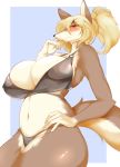  5_fingers absurd_res anthro big_breasts bikini black_nose blonde_hair blush breasts brown_body brown_fur canid canine clothing countershading female fingers fur ginko0101 gloves_(marking) hair hand_on_hip hi_res huge_breasts kemono mammal markings multicolored_body multicolored_fur navel nipple_outline ponytail red_eyes side_view solo standing swimwear tan_body tan_fur two_tone_body two_tone_fur 