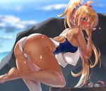  1girl :p absurdres ahoge andouyu ass bangs bare_legs bench blonde_hair blue_eyes blue_sky blush braid breasts cloud commentary_request competition_swimsuit covered_nipples crown eyebrows_visible_through_hair hair_ornament hair_ribbon hanging_breasts heart highres large_breasts leaning_over long_hair mushroom ocean one-piece_swimsuit one_eye_closed outdoors pecorine ponytail princess_connect! princess_connect!_re:dive ribbon rock shiny shiny_skin sky smile solo standing standing_on_one_leg swimsuit tan thighs tongue tongue_out wet white_swimsuit 
