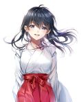  1girl bangs black_hair blue_eyes breasts cowboy_shot floating_hair hakama highres higurashi_kagome inuyasha japanese_clothes kimono long_hair long_sleeves looking_at_viewer miko motobi_(mtb_umk) red_hakama red_ribbon ribbon simple_background smile solo white_background white_kimono 