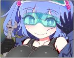  1girl bangs black_gloves black_tank_top blush border breasts bright_pupils closed_mouth commentary_request eyebrows_visible_through_hair gloves holding holding_wrench kawashiro_nitori large_breasts looking_at_viewer off_shoulder portrait purple_hair safety_glasses smile solo sweatdrop tank_top touhou two_side_up waving white_border white_pupils wrench yassy 