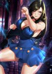  1girl black_hair blue_dress breasts brown_eyes cleavage crescent crescent_earrings dress earrings fighting_stance final_fantasy final_fantasy_vii final_fantasy_vii_remake highres jewelry long_hair low-tied_long_hair lulu-chan92 short_dress smile solo tifa_lockhart 