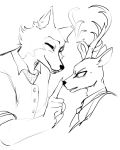  annoyed anthro antlers beastars black_and_white boop canid canine canis cervid clothing duo happy hi_res horn legoshi_(beastars) line_art louis_(beastars) male male/male mammal monochrome necktie nose_boop size_difference smile teeth wolf wolfamiibo 