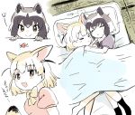  2girls animal_ears black_hair black_neckwear blonde_hair blue_hair blue_sweater blush bow bowtie candy closed_eyes commentary_request common_raccoon_(kemono_friends) extra_ears eyebrows_visible_through_hair fennec_(kemono_friends) food fox_ears fox_girl fox_tail fur_collar futon grey_hair hair_between_eyes highres hug kemono_friends multicolored_hair multiple_girls multiple_views pink_sweater puffy_short_sleeves puffy_sleeves raccoon_ears raccoon_girl short_hair short_sleeves sleeping smile suicchonsuisui sweater tail white_hair yellow_neckwear 