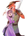  anthro buckteeth canid canine clothed clothing cosplay crossover crossover_cosplay disney dress duo fox fully_clothed fur grey_body grey_fur hi_res holding_object holding_sword holding_weapon judy_hopps lagomorph leporid looking_at_viewer mammal melee_weapon nick_wilde open_mouth open_smile orange_body orange_fur purple_eyes rabbit red_fox simple_background smile sword teeth weapon white_background younggam93 zootopia 