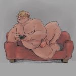  1:1 2020 absurd_res anthro balls belly domestic_pig english_text furniture genitals hi_res male mammal minedoo moobs nipples overweight overweight_male penis simple_background sofa solo suid suina sus_(pig) text 