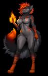  breasts canid canine canis female fire fur genitals grey_body grey_fur gun hair hi_res mammal muscular muscular_female nipples pipyaka pussy ranged_weapon red_body red_fur red_hair solo tomboy weapon wolf yellow_eyes 