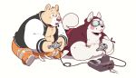  2020 absurd_res anthro bennycartoonist blush bottomwear breeze_in_the_clouds brown_body brown_fur canid canine canis clothing cori_(breeze_in_the_clouds) domestic_dog duo fur hi_res hoodie humanoid_hands male mammal nintendo overweight overweight_male pants pile_(breeze_in_the_clouds) simple_background sitting super_nintendo tongue tongue_out topwear ursid video_games white_background 