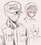  1boy 1girl :| ahoge artist_name black_eyes brown_background cabbie_hat character_sheet closed_mouth collared_shirt dual_persona fenori graphite_(medium) hair_over_one_eye hat hataraku_saibou jacket light_smile looking_away o_o pocket red_blood_cell shirt short_hair sketch sweatdrop traditional_media uniform white_blood_cell 