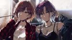  2girls asakura_tooru bare_shoulders black_dress blue_jacket blurry blurry_background brown_eyes brown_hair closed_mouth collared_jacket commentary_request depth_of_field dress earbuds earphones earrings grey_eyes hand_up highres higuchi_madoka hoop_earrings idolmaster idolmaster_shiny_colors jacket jewelry long_sleeves looking_at_viewer minyom mole mole_under_eye multiple_girls nail_polish open_clothes open_jacket pink_nails plaid_jacket red_jacket ribbed_shirt shared_earphones shirt sleeveless sleeveless_dress sleeveless_shirt sleeves_past_wrists smile upper_body white_shirt window 