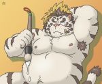  2020 anthro armpit_hair belly blush body_hair cute_fangs felid fur goyemon_k kemono licho_(tas) lying male mammal moobs navel nipples overweight overweight_male pantherine simple_background solo tiger tokyo_afterschool_summoners video_games white_body white_fur 