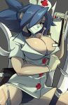  1girl between_breasts black_choker black_panties blue_hair breasts choker cleavage clipboard collarbone commentary gloves grey_background highres large_breasts looking_at_viewer mask mouth_mask nurse panties red_eyes simple_background skullgirls solo surgical_mask symbol-shaped_pupils thighs underwear valentine_(skullgirls) white_gloves yoshiikirablr 