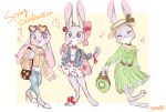  2020 anthro barefoot blush clothing disney drinking ear_piercing english_text eyes_closed eyewear female fur grey_body grey_fur hat headgear headwear hi_res holding_cup holding_object judy_hopps lagomorph leporid mammal memegmu multiple_poses musical_note open_mouth open_smile piercing pose rabbit smile solo straw text zootopia 