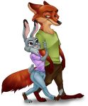  2018 anthro barefoot black_nose bottomwear brown_body brown_fur canid canine cheek_tuft clothed clothing disney duo facial_tuft female fox fully_clothed fur grey_body grey_fur iji judy_hopps lagomorph leporid looking_at_another male mammal nick_wilde pants pink_nose purple_eyes rabbit red_fox shirt simple_background smile t-shirt topwear tuft white_background zootopia 
