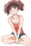  1girl alisa_(girls_und_panzer) bangs barefoot blue_shorts blush breasts brown_eyes brown_hair camisole casual cleavage closed_mouth commentary eyebrows_visible_through_hair freckles frown full_body girls_und_panzer hair_ornament half-closed_eyes highres indian_style looking_away medium_breasts pink_shirt shirt short_hair short_shorts short_twintails shorts sitting solo star star_hair_ornament twintails v_arms wakku_kan 