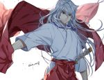  1boy angry animal_ears arm_at_side backlighting bangs closed_mouth cowboy_shot dog_ears frown hip_vent holding inuyasha inuyasha_(character) jacket jacket_removed japanese_clothes jewelry long_hair looking_away male_focus motobi_(mtb_umk) necklace outstretched_arm ribbon-trimmed_sleeves ribbon_trim simple_background solo sword weapon white_background white_hair yellow_eyes 