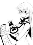  1girl blush breasts closed_mouth commentary_request duel_disk fingerless_gloves gloves greyscale long_hair looking_at_viewer monochrome rourou_ill simple_background smile solo tenjouin_asuka white_background yuu-gi-ou yuu-gi-ou_gx 