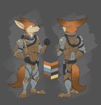  2018 anthro black_nose brown_body brown_fur canid canine cheek_tuft clothed clothing color_swatch facial_tuft fox fully_clothed fur grey_background head_tuft hi_res inner_ear_fluff mammal pose simple_background solo standing stellaris temiree tuft 