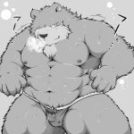  1:1 2014 absurd_res anthro bodily_fluids bulge clothing hi_res japanese_text kemono male mammal monochrome moobs musclegut muscular nipples overweight overweight_male pubes scar simple_background solo suishou0602 sweat text underwear ursid 