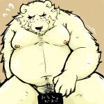  1:1 2014 absurd_res anthro belly blush hi_res humanoid_hands japanese_text male mammal moobs navel nipples overweight overweight_male pubes simple_background solo suishou0602 text ursid 