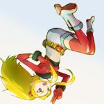  1girl aero alchera belt blonde_hair breasts commentary_request gloves long_hair looking_at_viewer open_mouth rockman rockman_dash rockman_dash_3 shorts simple_background solo thighhighs v 