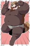  00murice 2020 ailurid anthro belly bulge clothing green_eyes humanoid_hands male mammal moobs navel nipples one_eye_closed overweight overweight_male red_panda simple_background solo underwear wink 