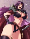  1girl absurdres black_gloves black_legwear breasts cape circlet cleavage commentary covered_nipples english_text gloves hair_intakes hand_on_hip highres jmg large_breasts long_hair looking_at_viewer naga_the_serpent navel ojou-sama_pose purple_eyes red_cape sheath sheathed shoulder_spikes skindentation skull slayers smile solo spikes sword thick_thighs thighhighs thighs thong weapon 