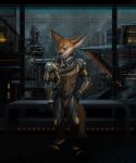  2018 absurd_res anthro black_nose blue_eyes building canid canine city clothed clothing detailed_background fox fully_clothed fur hand_on_hip hi_res mammal orange_body orange_fur raining solo standing stellaris temiree whiskers window 