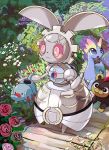  :3 :o amaura black_eyes blue_eyes commentary creature english_commentary flower forest gen_6_pokemon gen_7_pokemon hijirino_yuuta litleo magearna magearna_(normal) nature no_humans pink_eyes pokemon pokemon_(creature) rose walking 