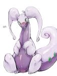  &lt;3 3:4 blush female feral genitals goodra green_eyes hi_res long_neck menyang nintendo pok&eacute;mon pok&eacute;mon_(species) puffy_vulva pussy simple_background sitting slightly_chubby solo thick_tail video_games white_background wide_hips 