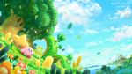  absurdres aircraft block blue_sky castle cloud crying crying_with_eyes_open dirigible flower grass highres hill kirby kirby:_star_allies kirby_(series) kracko lalala_(kirby) leaves_in_wind lololo_(kirby) mountain ocean pond sky smile star tears transformation tree tyutaka0427 void_termina whale whispy_woods 