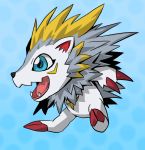  ambiguous_gender black_nose blue_background blue_eyes claws digimon eulipotyphlan feral grey_body hedgehog herissmon mammal markings open_mouth red_claws simple_background spikes teeth toe_claws white_body yellow_body yellow_markings 